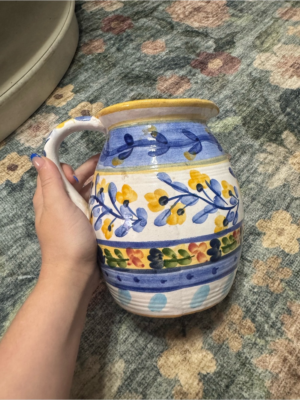 Vintage Hand-Painted Floral Pitcher Vase - Blue & Yellow